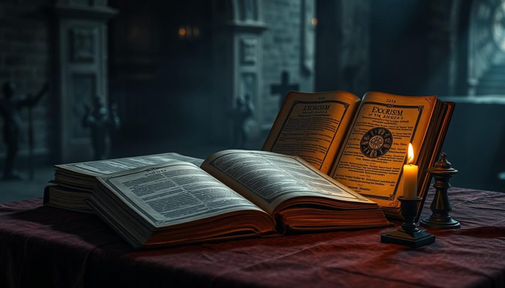 knjige o egzorcizmu na stolu pored sveće knjige o egzorcizmu na stolu pored sveće